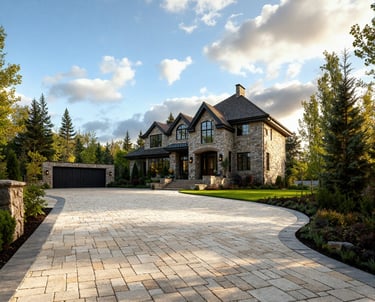 a long earth tone pavers driveway with a dark border