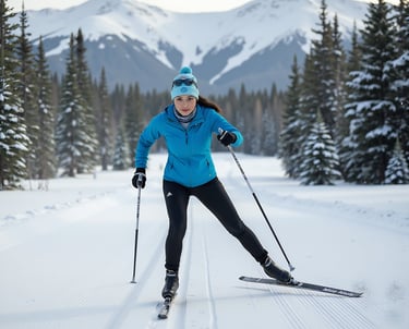 a woman in a blue jacket and black pants cross country skiing