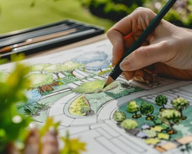 a person's hand holding a pencil and drawing a landscape plan a landscape