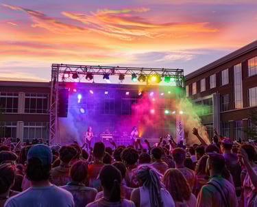 a crowd of people standing around a stage with a stage and a stage