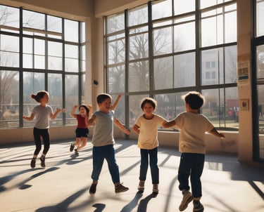 A multi-story educational or institutional building with large blue-tinted windows, surrounded by a paved road and some vegetation. The foreground features a landscaped area with young plants and a black-and-white painted curb. Several people are gathered near the entrance of the building.