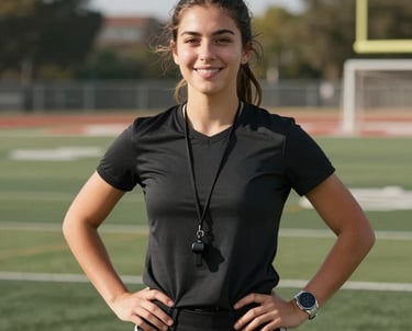 A portrait of a young athletic woman in sports coaching attire, standing on a football field in a North American / Mexican setting. She has a whistle around her neck and a confident, welcoming smile.