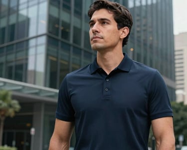Professional headshot of a man in sports management attire, featuring dark navy colors. He is standing against a modern glass building in a North American / Mexican city, looking professional and dynamic.