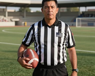 A portrait of an official in a black and white striped referee uniform, holding a football and standing on a green turf. The setting is a bright afternoon in a North American / Mexican sports complex.