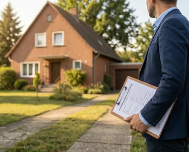 Sachverständiger mit Klemmbrett vor einem Einfamilienhaus bei der Immobilienbewertung