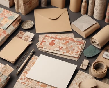 Close-up of decorative papers and envelopes arranged neatly on a wooden table.