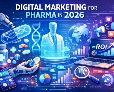 Digital marketing for pharma in 2026 graphic showing AI data analytics, ROI charts, and medical technology.