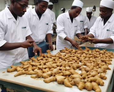 Nigerian farmers carefully harvesting sesame seeds in golden morning light.