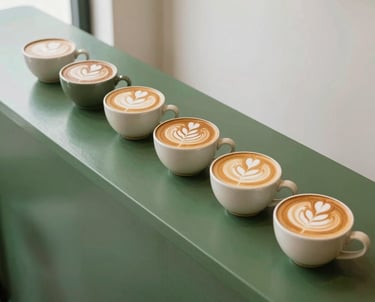 Barra de café verde con arte latte en nuestra cafetería de especialidad en Playa del Carmen.