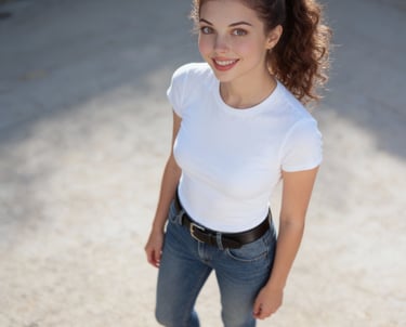 Natalie, headshot, blue jeans, tshirt, ai, model, actress