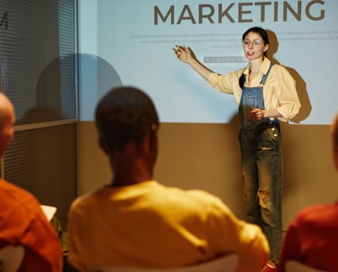 a woman in overalls and overalls speaking to a crowd