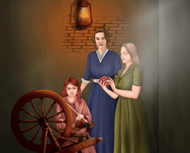 realism art showing women, girl and a child, using spinning wheel