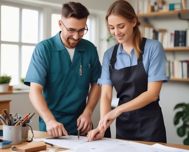 a man and woman in aprons and aprons are looking at papers