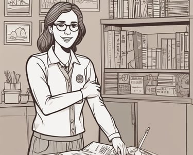 a woman in a white shirt and glasses is standing in front of a desk
