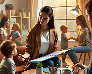 a woman sitting on a couch with a child and a man