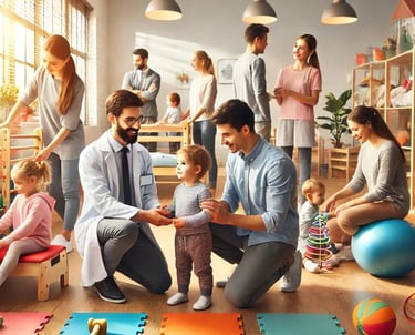 a man and woman sitting on a mat with a baby in a room with a