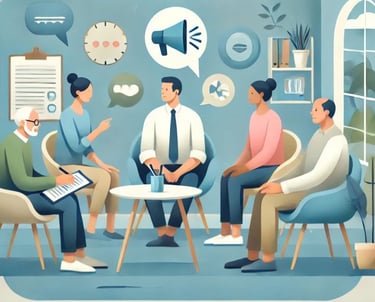 a group of people sitting around a table with a speaker