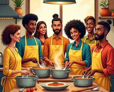 a group of people in aprons cooking and cooking together