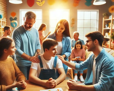 a family gathering in a living room with a birthday cake