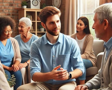 a man in a blue shirt is sitting on a couch
