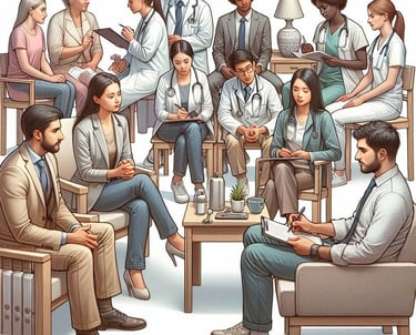 a group of people sitting around a table