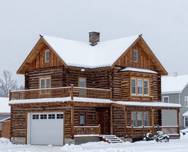 Cozy winter scene outside a charming Michigan farmhouse, snow gently falling.