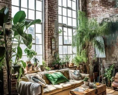  un salon avec un canapé et de la végétation