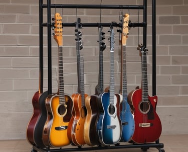 A collection of sturdy microphone and instrument stands in a professional setting.