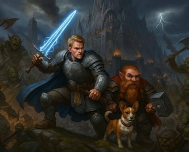A man holding a sword next to a dwarf, battling a horde of orcs and goblins