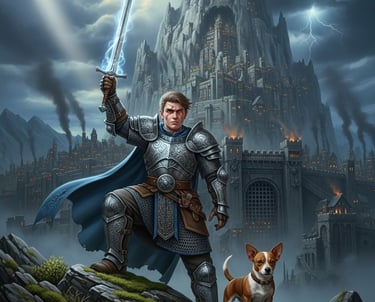 A man wearing armor holding a sword aloft, in front of a mountain fortress