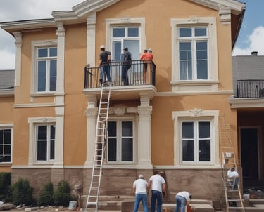 A team of painters working together on a large residential building.