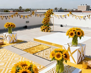 a sunflower arrangement on a rooftop deck