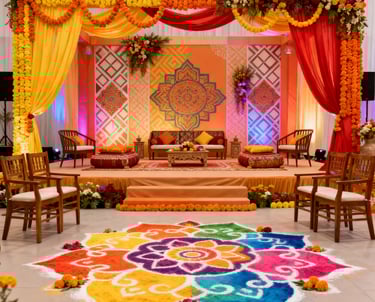 a decorated stage with a colorful carpet and a large carpet