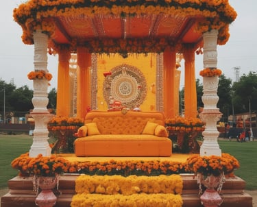 a decorated stage with a couch and flowers