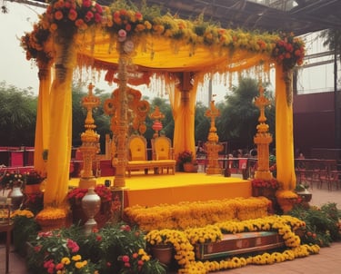 a decorated stage with a yellow canopy canopy