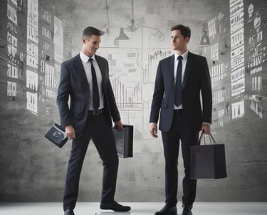A confident professional consulting a client in a modern office setting.