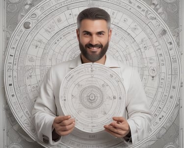 Portrait of a professional astrologer consulting with a client in a cozy room.