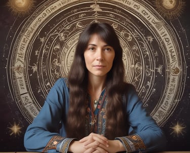 Close-up of astrological charts and zodiac symbols on a wooden table.