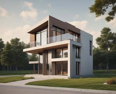 A residential building under construction with visible scaffolding surrounding the front. The structure features a mix of bare brickwork and wooden panels. Windows are installed on the upper level, and the roof is partially finished with red tiles. Construction materials such as wooden planks and blue tarps are scattered in the foreground.