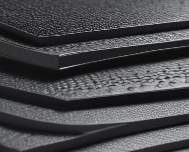 Close-up view of a car's carbon fiber components with a logo that features the letters 'AR' in white on a black background. The surface reflects light, highlighting its sleek and textured appearance. The setting appears industrial with a focus on the angular design and precision of the materials.