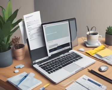 a laptop with documents, doing administrative tasks to support a business
