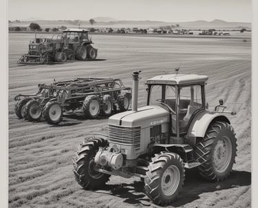 Aerial view of a large agricultural field with long rows of green crops and brown paths running parallel to each other. In the center of the image, a group of people is gathered around a truck loaded with harvested produce. The landscape extends into the distance with rolling hills under a hazy sky.