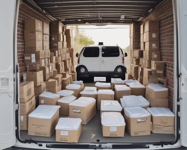  A white cargo van lined up with oder cargo vans at the red light 