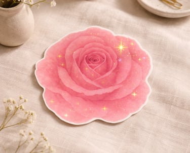 A pink rose sticker with sparkles on a beige linen surface with floral accents.