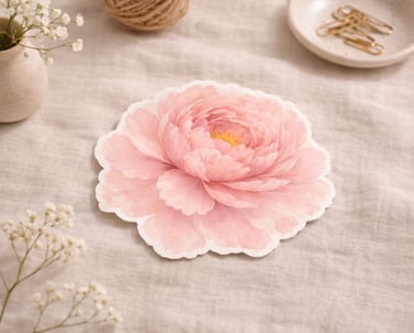 A pink watercolor peony flower sticker on beige linen fabric with white baby's breath flowers.