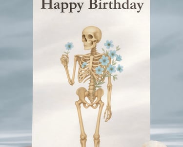 A gothic Happy Birthday card featuring a human skeleton holding blue flowers on a white background.