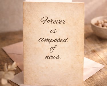 Vintage-style greeting card with inspirational quote on a rustic wooden table with envelope.