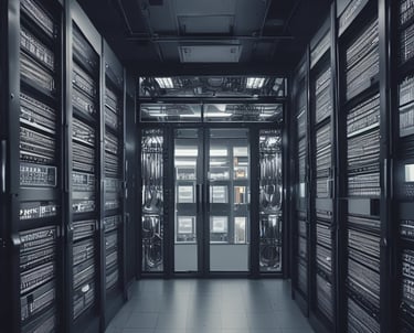 A network server rack filled with neatly organized cables. There are numerous black and red ethernet cables bundled together using cable ties. A keyboard and computer are placed at the bottom of the rack, with various networking equipment above them, showing multiple ports and blinking green lights indicating active connections.