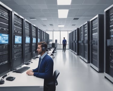 A person wearing a white mask is interacting with a network server, handling blue cables. The setup is illuminated with blue lights, suggesting a technological environment.