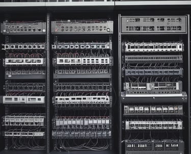 A dimly lit server rack filled with network equipment. Multiple colored cables, predominantly red, blue, and black, are neatly organized and connected to various devices such as switches and routers. Small LED lights on the equipment indicate active connections.